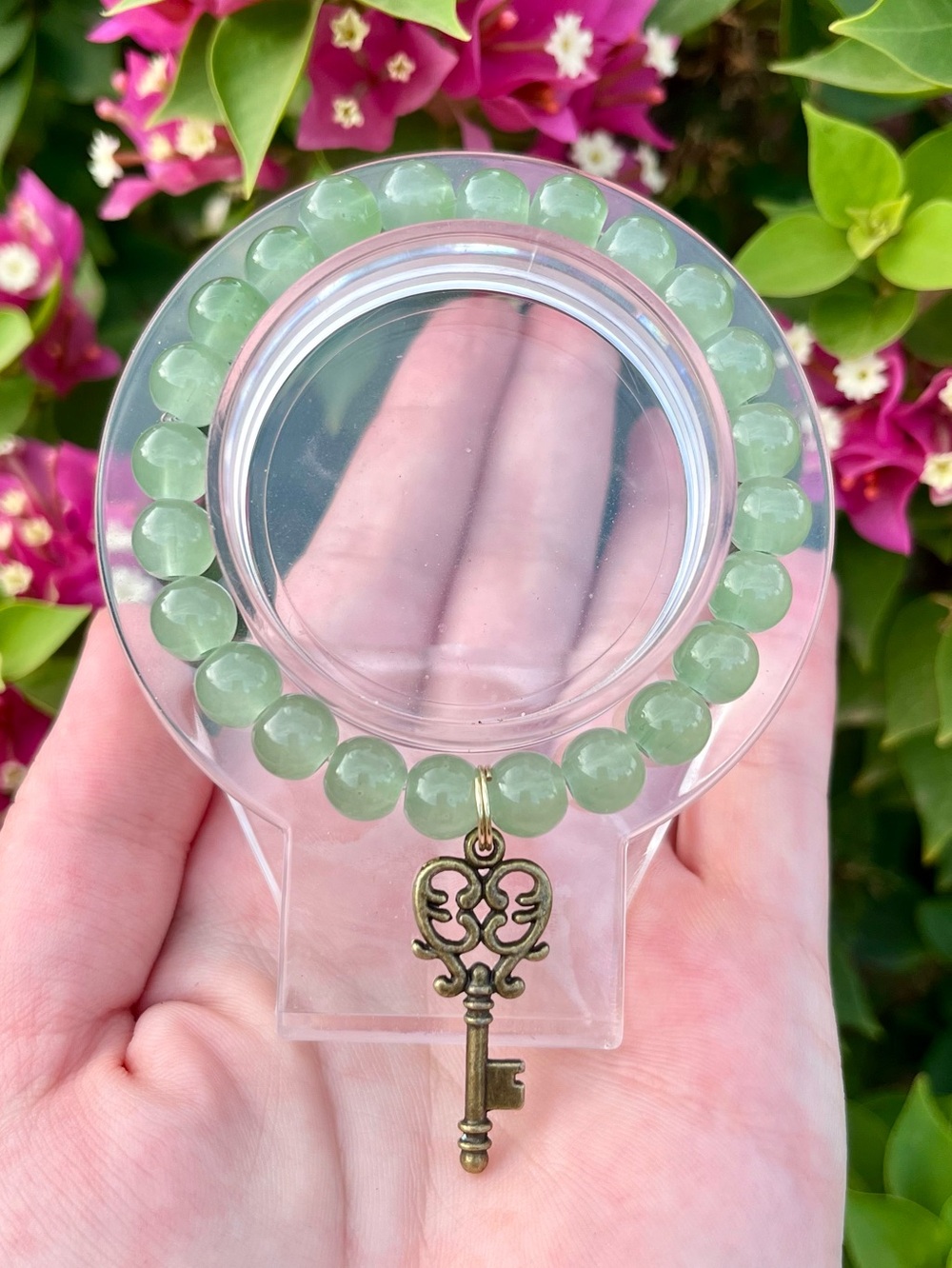 Sage Green Glass Beaded Bracelet with Skeleton Key Charm NWOT